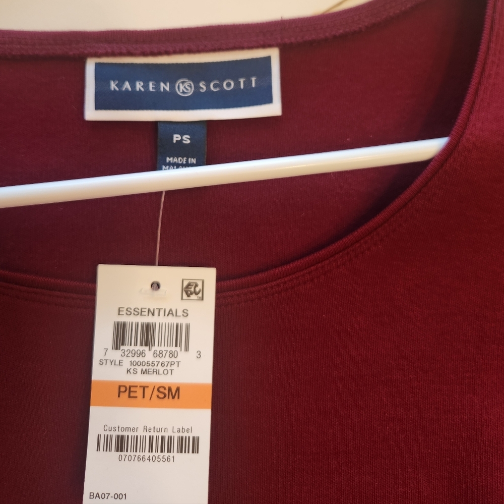 Karen Scott Burgundy 3/4-Length Sleeve Top, NWT, Size: Petite Small - Picture 2 of 5